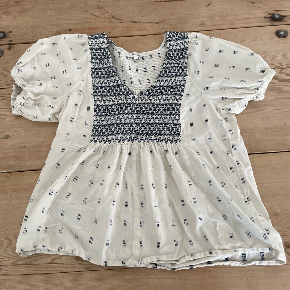Madewell blue and white embroidered blouse